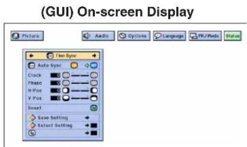 (GUI) On-screen Display Picture Audio Options Language PRJ Mode Status Free Sync Auto Sync Clock Photo H-Pos V-Pos Reset Save Setting Select Setting