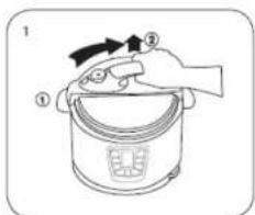 Diagram showing a hand holding a rice cooker with labeled parts and directional arrows indicating rotation or movement.