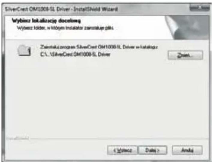 SilverCrest OM1008-SL Driver - InstallShield Wizard Wybiusz Inokazscie docelung Wybiusz folder, w którym Instalator zasilatąje plki Zasilatąc program SilverCrest OM1008-SL Driver w katalogu: C:\SilverCrest OM1008-SL Driver Zinot... < Wielocz Data > Anlok