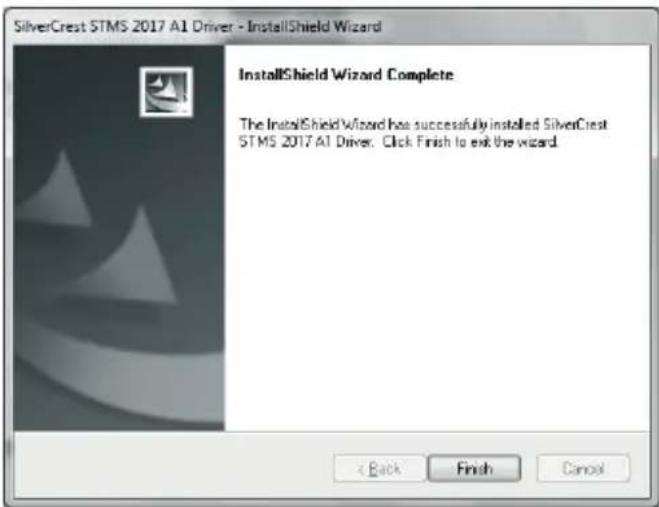 SilverCrest STMS 2017 A1 Driver - InstallShield Wizard InstallShield Wizard Complete The InstallShield Wizard has successfully installed SilverCrest STMS 2017 A1 Driver. Click Finish to exit the wizard.