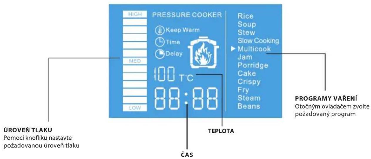 HIGH PRESSURE COOKER Keep Warm Time Delay MED 100 T°C 88:88 LOW Rice Soup Stew Slow Cooking Multicook Jam Porridge Cake Crispy Fry Steam Beans ÚROVEŇ TLAKU Pomocí knofliku nastavte požadovanou úroveň tlaku ČAS TEPLOTA PROGRAMY VAŘENÍ Otočným ovladačem zvolte požadovaný program