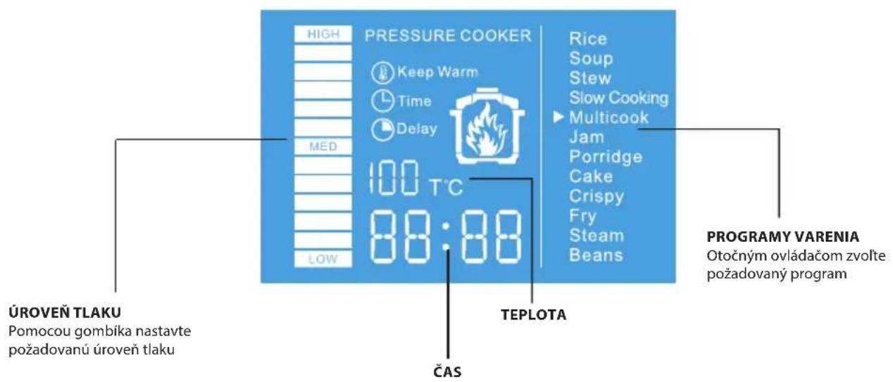 HIGH PRESSURE COOKER Keep Warm Time Delay MED 100 T°C 88:88 LOW Rice Soup Stew Slow Cooking Multicook Jam Porridge Cake Crispy Fry Steam Beans ÚROVEŇ TLAKU Pomocou gombíka nastavte požadovanú úroveň tlaku ČAS TEPLOTA PROGRAMY VARENIA Otočným ovládačom zvolte požadovaný program