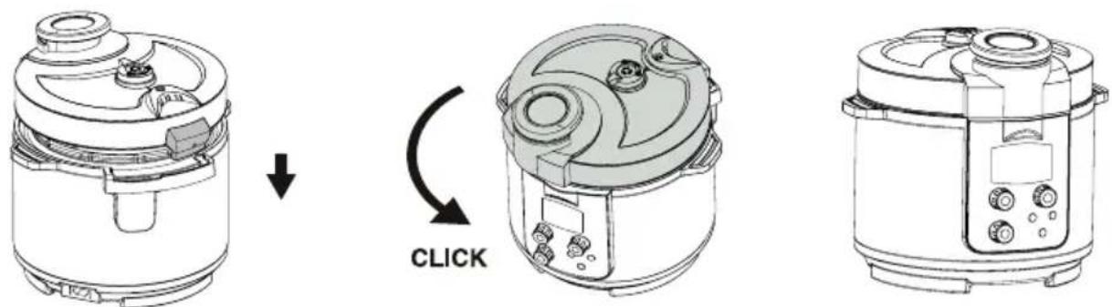 Technical diagram showing the assembly of a rice cooker with labeled parts and a click button indicating operation.