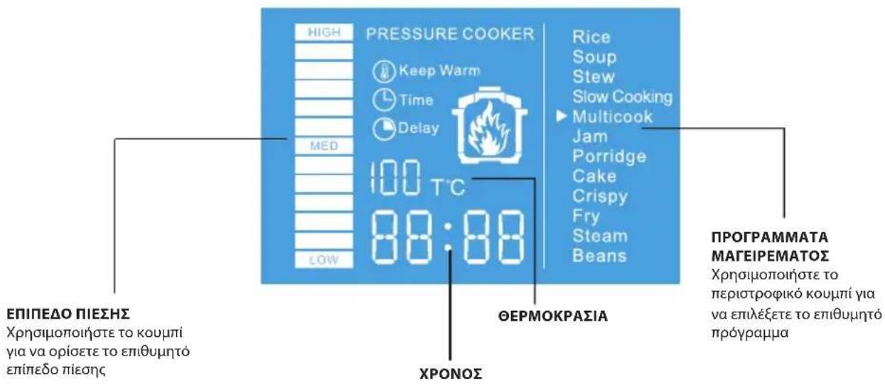 HIGH PRESSURE COOKER Keep Warm Time Delay MED 100 T°C 88:88 LOW Rice Soup Stew Slow Cooking Multicook Jam Porridge Cake Crispy Fry Steam Beans ΕΠΙΠΕΔΟ ΠΙΕΣΗΣ Χρησιμοποιήστε το κουμπί για να ορίσετε το επιθυμητό επίπεδο πίεσης ΘΕΡΜΟΚΡΑΣΙΑ ΧΡΟΝΟΣ ΠΡΟΓΡΑΜΜΑΤΑ ΜΑΓΕΙΡΕΜΑΤΟΣ Χρησιμοποιήστε το περιστροφικό κουμπί για να επιλέξετε το επιθυμητό πρόγραμμα