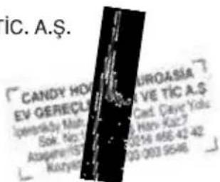 CANDY HO EV GERECL Ipeniribby Muh Sok. No. Ausqare IS Kuryon EUROASIA VE TIC A.S Card. Dave Yolu Hany Kac7 0216 466-42 42 03 003 9548