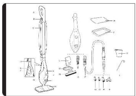 Technical diagram of a handheld vacuum cleaner with labeled parts and exploded view