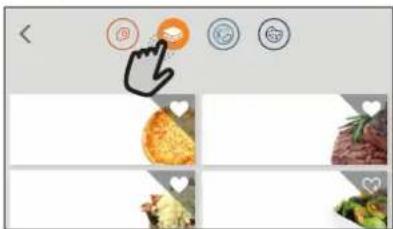 Screenshot of a food interface with navigation buttons and a hand cursor pointing to an orange button