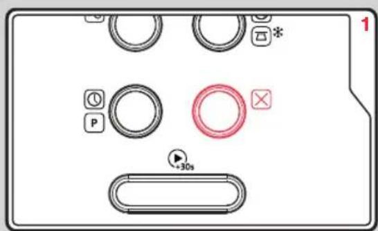Diagram showing various circular and rectangular components with labels like 'P', '30s', and a red circle with an 'X' symbol, likely representing a device or control panel.