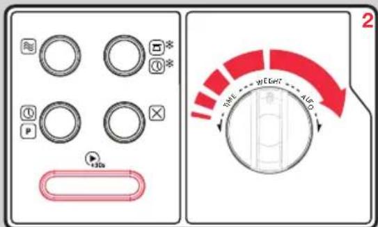 Diagram showing device panel with circular buttons, a play button, and a red directional control dial labeled 'WEGHT' and 'AGD'.