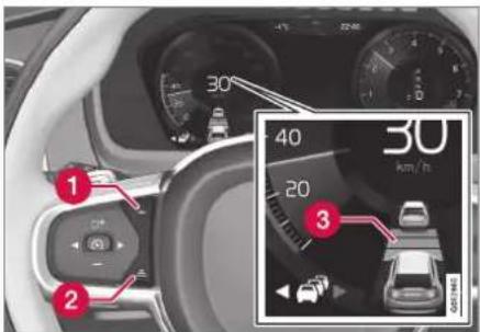 Car dashboard interface with speedometer and navigation controls, showing 30 km/h speed reading and vehicle status indicators