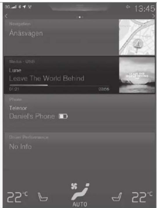 36.10 13:45 Navigation Ånäsvägen Media - USB Lune Leave The World Behind 01:21 03:56 Phone Telenor Daniel's Phone Driver Performance No Info 22°C AUTO 22°C