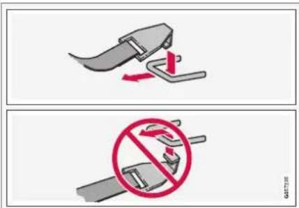 Diagram showing two safety instructions: one for adjusting a seatbelt with a red arrow, and another for prohibiting the seatbelt without using a stopper.
