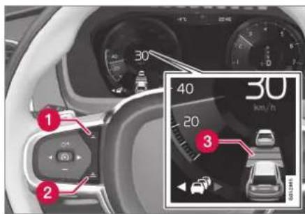 Car dashboard interior with numbered UI controls and a speedometer display showing 30 km/h speed range