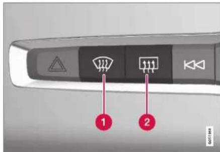 Diagram of a vehicle control panel with labeled buttons and icons, showing two numbered labels 1 and 2 pointing to switches.