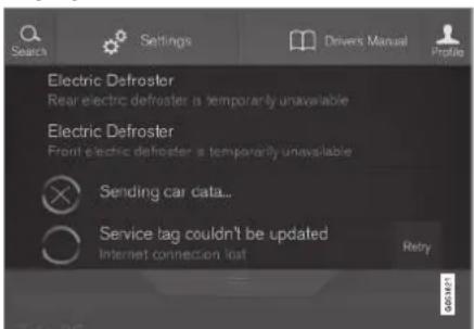 Electric Defroster Rear electric defroster is temporarily unavailable Electric Defroster Front electric defroster is temporarily unavailable Sending car data... Service tag couldn't be updated Internet connection lost Retry