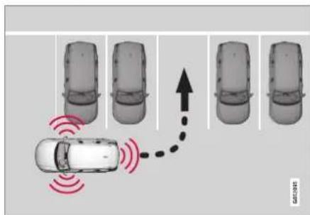 Diagram showing car sensor placement with signal waves and directional arrow, likely illustrating vehicle tracking or sensor tracking system