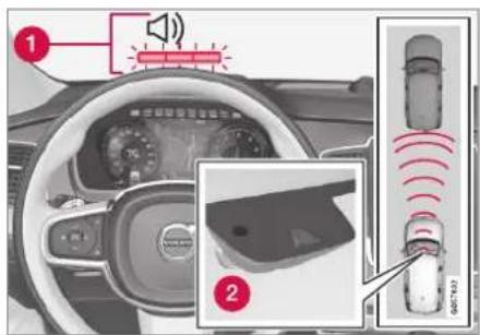 Diagram showing car interior with speaker, sensor, and sensor device connections, labeled with numbered annotations