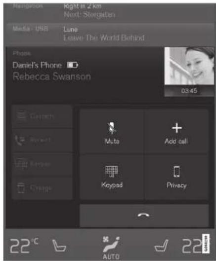 Navigation Right in 2 km Next: Storgatan Media - USB Lune Leave The World Behind Phone Daniel's Phone ■ Rebecca Swanson 03:45 Customs Muto Add call Keypad Privacy 22°C AUTO 22cosm