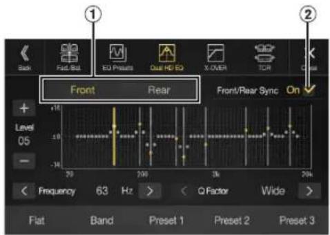 Back Fad/Bat EQ Presets Dual HD EQ X-OVER TCR Level 05 Front Rear Front/Rear Sync On -16 -14 28 30 3k 20k Frequency 63 Hz > < Q Factor Wide > Flat Band Preset 1 Preset 2 Preset 3