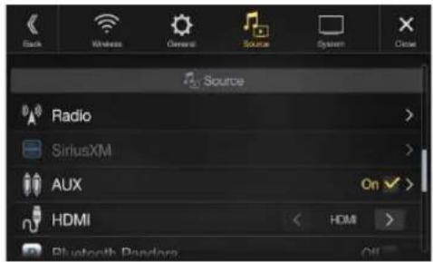 Back Wireless General Source System Close Source Radio SiriusXM Aux HDMI HDMI Bluetooth Pandora