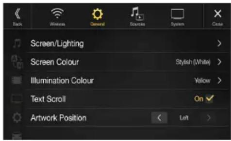 Back Wireless General Sources System Close Screen/Lighting Screen Colour Stylish (White) Illumination Colour Yellow Text Scroll On Artwork Position Left