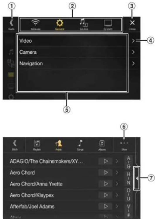 ① Back Internet General Source System Close ② Video Camera Navigation ③ ④ ⑤ ⑥ Back Internet General Songs Albums Mmp ADAGIO/The Chainsmokers/XY... Aero Chord Aero Chord/Anna Yvette Aero Chord/Klaypex Afterfab/Joel Adams ⑦