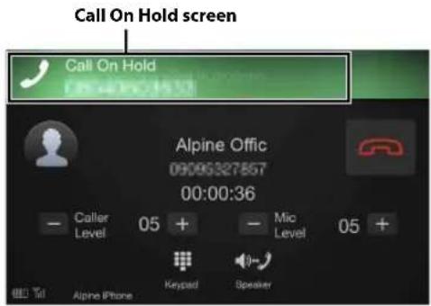 Call On Hold screen Call On Hold Alpine Offic 09095327857 00:00:36 - Caller Level 05 + - Mic Level 05 + Keypad Speaker Alpine iPhone
