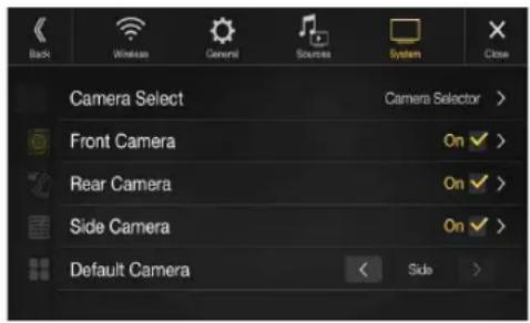 Back Wireless General Sources System Close Camera Select Camera Selector > Front Camera On ✓ > Rear Camera On ✓ > Side Camera On ✓ > Default Camera Side >