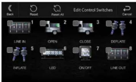 Back Reset Reset All Edit Control Switches Cancel 1 2 3 4 LINE IN OPEN CLOSE DEFLATE 5 6 7 INFLATE LED ON/OFF LINE OUT