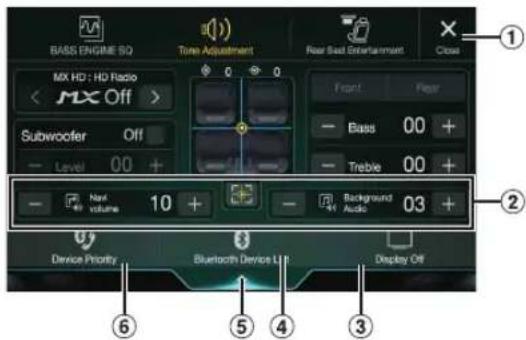 BASS ENGINE SQ Tune Adjustment Rear Seat Entertainment Close MX HD : HD Radio < MX Off > Subwoofer Off Level 00 + - Level 00 + - New volume 10 + Background Audio 03 + Device Priority Bluetooth Device L1 Display Off ① ② ③ ④ ⑤ ⑥