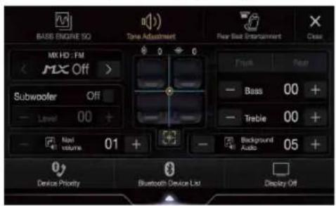 BASSE ENGINE SQ Time Adjustment New Best Environment Close MX HD: FM MX Off > Subwoofer OFF Level 00 + Navi volume 01 + Device Priority Bluetooth Device List Display Off Frost Rear Bass 00 + Treble 00 + Background Audio 05 +