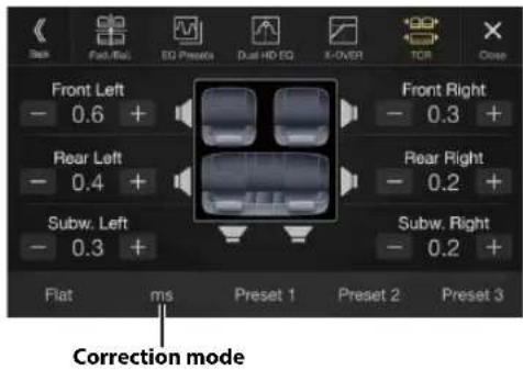 Back Foot Right EQ Preset Dual HD EQ X-OVER TCR Close Front Left - 0.6 + Front Right - 0.3 + Rear Left - 0.4 + Rear Right - 0.2 + Subw. Left - 0.3 + Subw. Right - 0.2 + Flat ms Preset 1 Preset 2 Preset 3 Correction mode
