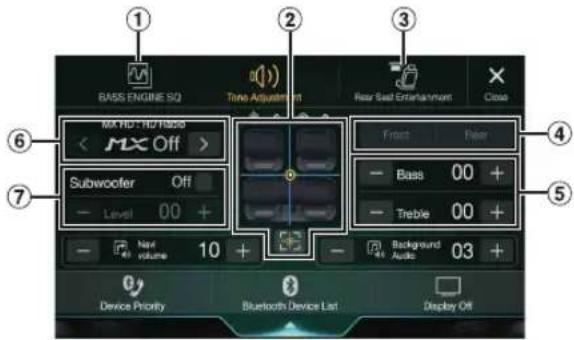 BASS ENGINE SQ Tone Adjustment Rear Seat Entertainment Close MX HD: HCT/9000 < MX Off > Subwoofer Off Level 00 + 4th volume 10 + Device Priority Bluetooth Device List Display Off Front Fear Bass 00 + Treble 00 + Background Audio 03 + ① ② ③ ④ ⑤