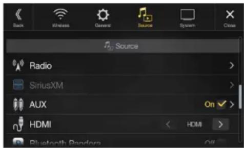 Back Wireless General Source System Close Source Radio SiriusXM AUX HDMI Bluetooth Pandora