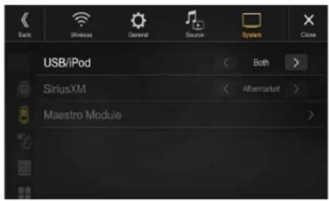Back Wireless General Source System Close USB/iPod Both > SiriusXM Althemarket > Maestro Module >