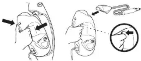 Medical illustration showing a hand holding a device with arrows indicating force application and a magnified inset showing the catheter insertion.