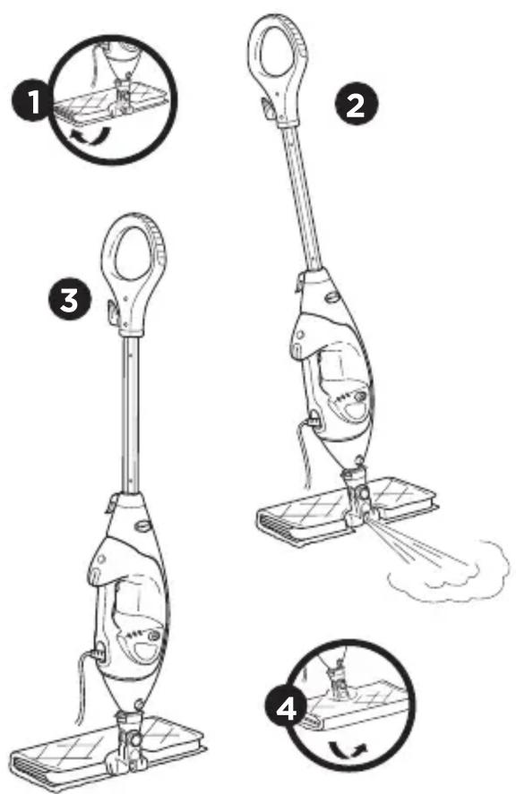 Illustration of a four-step hairloom vacuum cleaner with labeled steps and motion diagrams