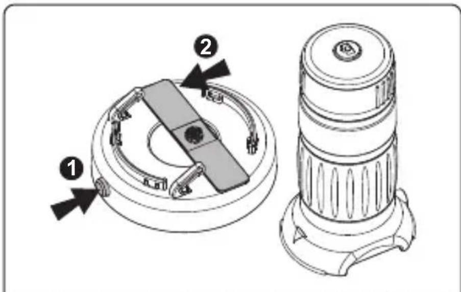 Technical diagram showing two labeled components of a mechanical device, with arrows indicating parts of each.