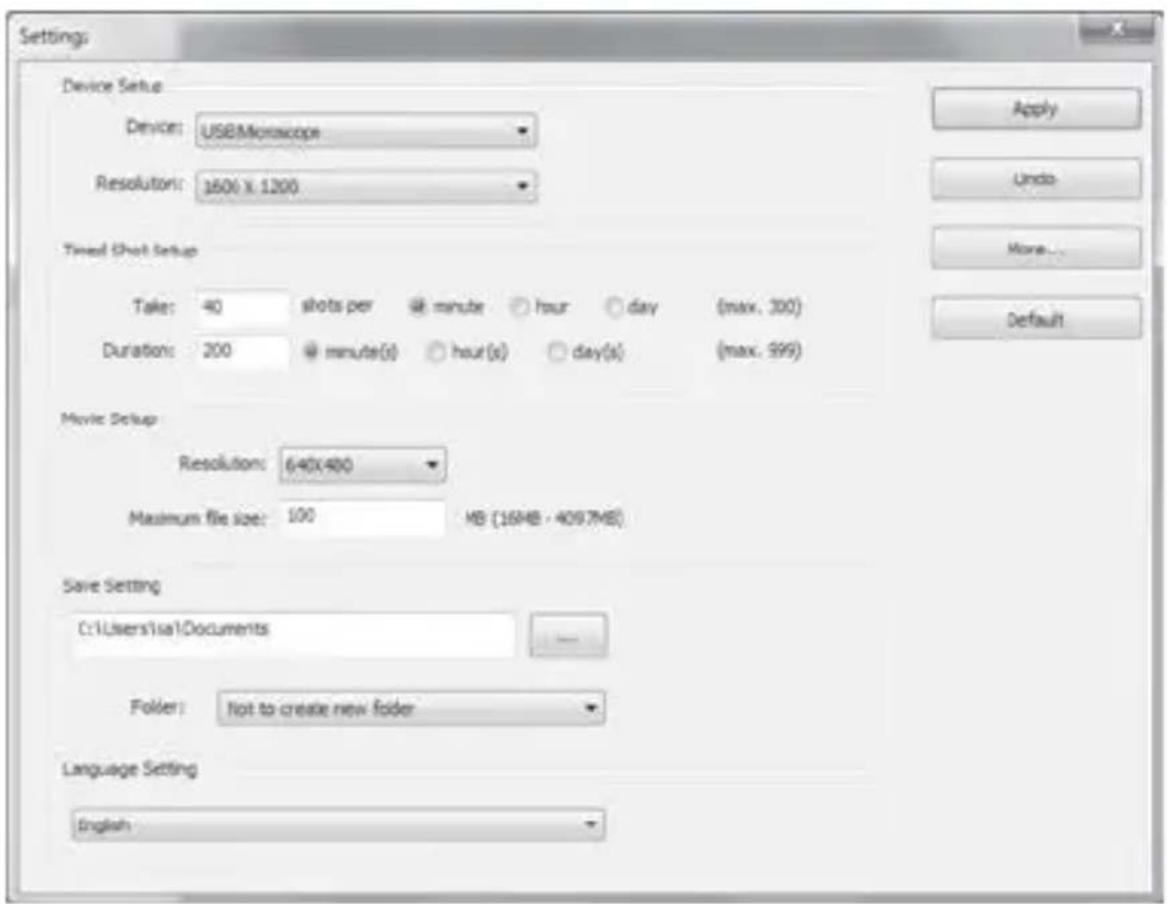 Settings Device Setup Device: USB/Microscope Resolution: 3600 x 1200 Time/Short Setup Take: 40 shots per minute hour day (max. 300) Duration: 200 minute(s) hour(s) day(s) (max. 999) Movie Setup Resolution: 640x400 Maximum file size: 100 MB (164KB - 4097MB) Save Setting C:\Users\isa1\Documents Folder: Not to create new folder Language Setting English Apply Undo More... Default