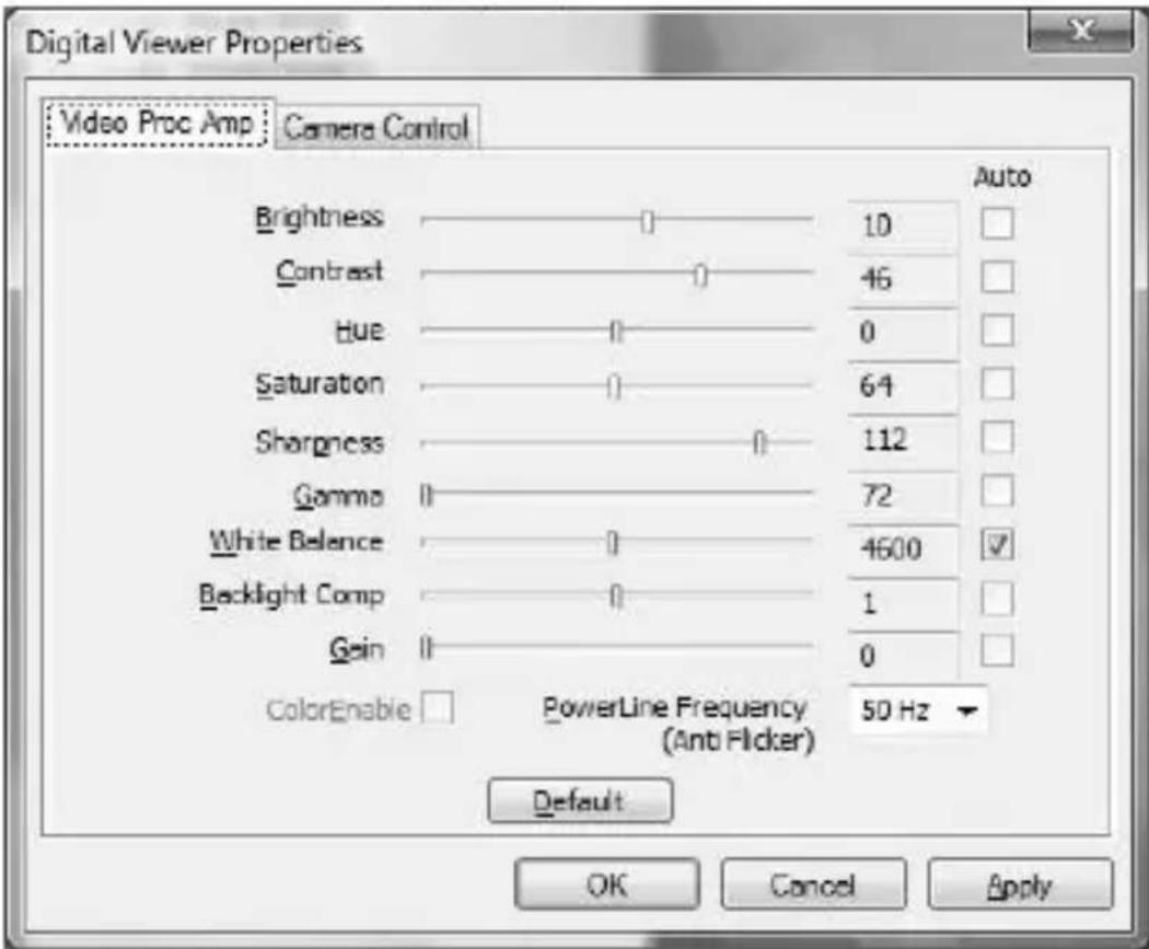 Digital Viewer Properties Video Proc Amp Camera Control Brightness Contrast Hue Saturation Sharpness Gamma White Balance Backlight Comp Gain ColorEnable □ PowerLine Frequency (Ant Flicker) Auto 10 46 0 64 112 72 4600 1 0 50 Hz Default OK Cancel Apply