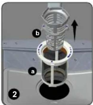 Diagram of a mechanical assembly with labeled parts (a, b) and directional arrow indicating movement or force