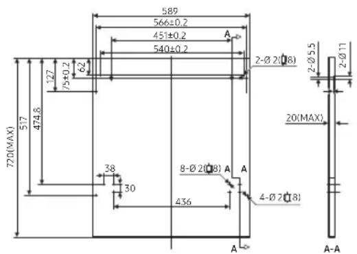 589 566±0.2 451±0.2 A 540±0.2 2-Ø 2(18) 2-Ø 5.5 2-Ø 11 720(MAX) 517 474.8 127 75±0.2 62 38 30 8-Ø 2(18) A A 436 4-Ø 2(18) 20(MAX) A-A