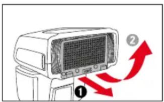 Diagram of a device with labeled parts and red arrows indicating motion or flow, showing components like fan and control panel.