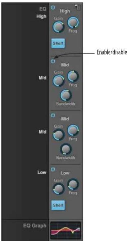 EQ High Gain Freq Shelf Mid Gain Freq Bandwidth Mid Gain Freq Bandwidth Low Gain Freq Shelf EQ Graph Enable/disable