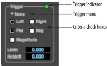 Trigger None Left Right Pos Neg Magnitude Level 0.000 Holdoff 0.000 Trigger indicator Trigger menu Criteria check boxes