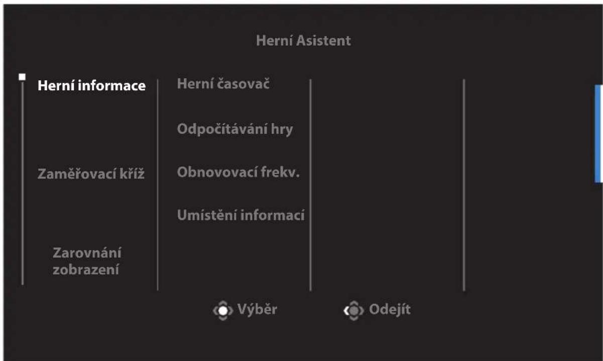 Herní Asistent Herní informace Herní časovač Odpočítávání hry Zaměřovací kříž Obnovovací frekv. Umístění informací Zarovnání zobrazení Výběr Odejít