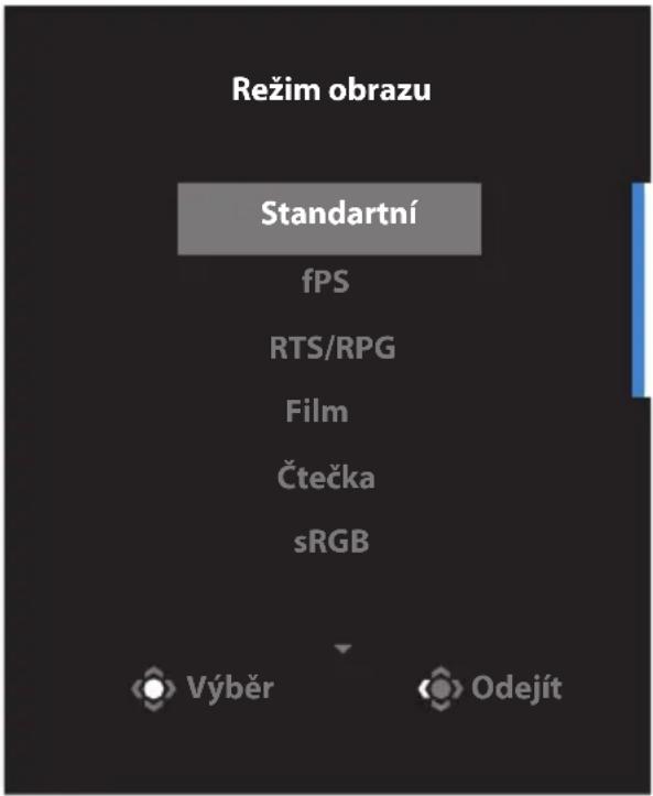 Režim obrazu Standartní fPS RTS/RPG Film Čtečka sRGB Výběr Odejít