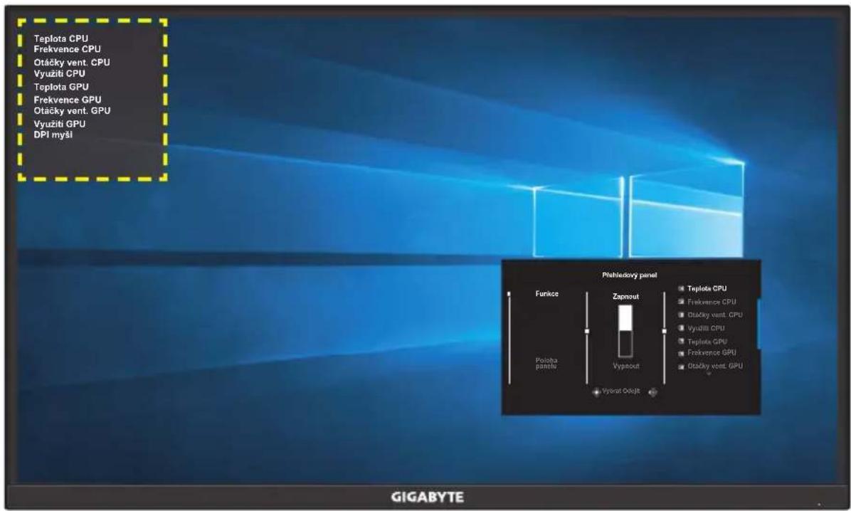 Teplota CPU Frekvence CPU Otacky vent. CPU Vyuziti CPU Teplota GPU Frekvence GPU Otacky vent. GPU Vyuziti GPU DPI myšl Pfehlendovy panel Funice Zispnout Teplota CPU Frekvence CPU Otacky vent. CPU Vyuziti CPU Teplota GPU Frekvence GPU Otacky vent. GPU Počitba panite Vyporat Ocujt GIGABYTE