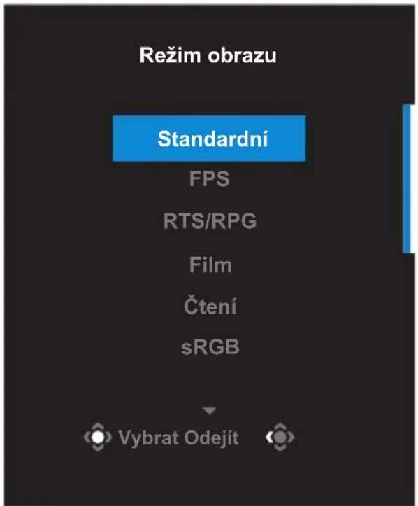 Režim obrazu Standardní FPS RTS/RPG Film Čtení sRGB Vybrat Odejit