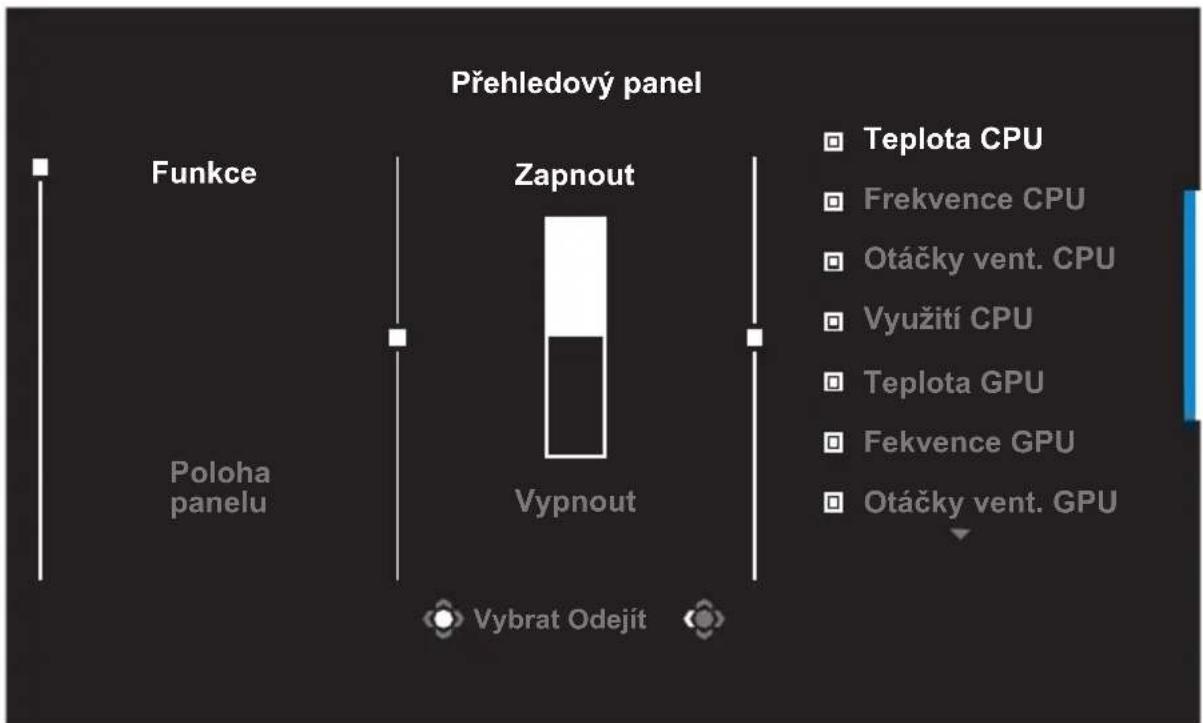 Přehledový panel Funkce Zapnout Poloha panelu Vypnout Vybrat Odejít Teplota CPU Frekvence CPU Otáčky vent. CPU Využití CPU Teplota GPU Fekvence GPU Otáčky vent. GPU
